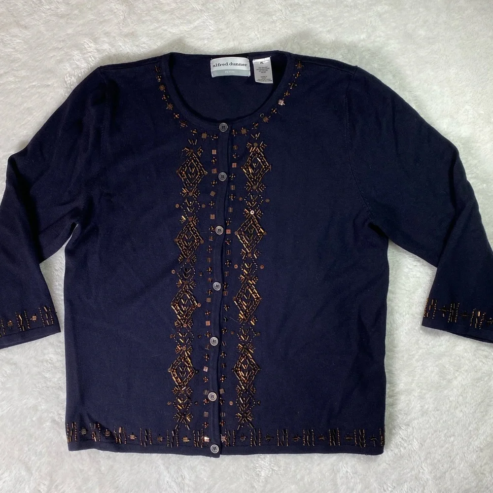 Alfred Dunner Petite Beaded Cardigan Navy Blue Knit Sweater size petite Large - Picture 1 of 8